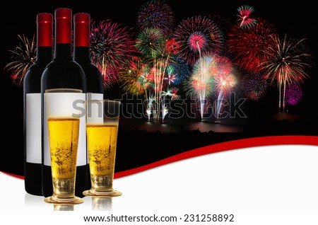 Beer and wine bottle with fireworks in the background. Concept the celebration.