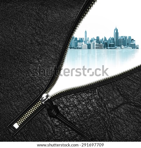Zipper open concept dream city with modern building on a white background.