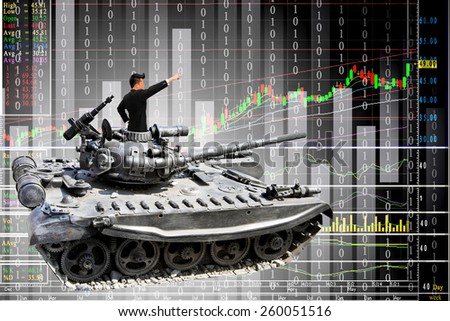 Businessman on a tanks with confidence and diagrams rising stock