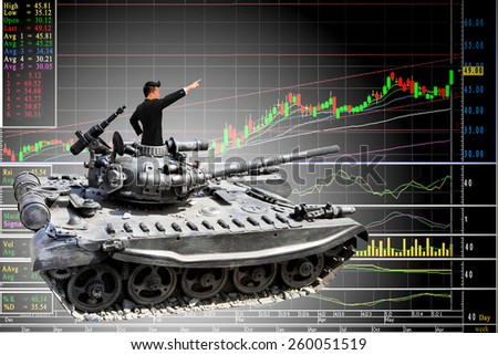 Businessman on a tanks with confidence and diagrams rising stock