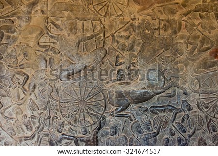 Siem Reap, Cambodia - Feb 5 2015: Relief at Angkor Wat. a famous Historical site(UNESCO World Heritage Site) in Angkor, Siem Reap, Cambodia.