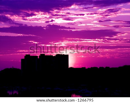 Purple sky over the city. Purple sunset