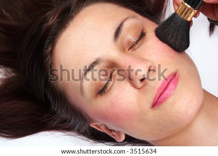 Fashion model girl doing makeup. Makeup brush on model face