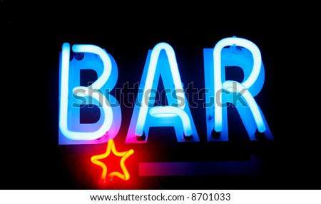 Blue neon bar sign. Advertising neon sign glow in dark