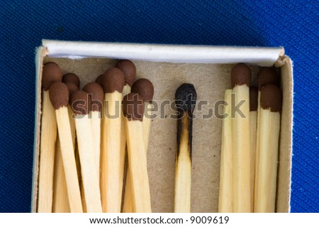 opened box of matches and one burned match stick