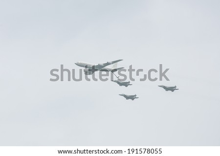 TEL AVIV, ISRAEL 2014 May 6: Israeli Air Force airplanes (fighter jets during air refueling) at air show parade, independence Day on May 6, 2014 in Tel Aviv, Israel