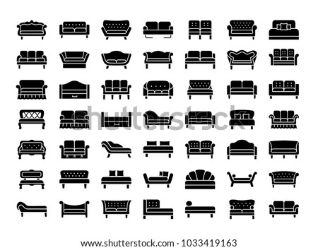 Sofas & Couches. Living room & patio furniture. Different kinds of classic and modern settees, loveseats. Benches & daybeds. Front view. Vector icon collection. 