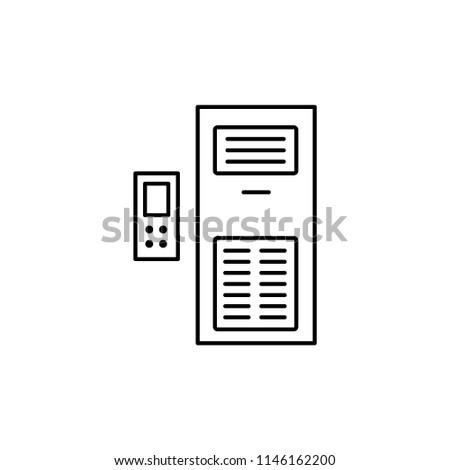 Vector illustration of column air conditioner with remote control panel. Line icon of floor standing heat regulation appliance. Climate equipment. Isolated object on white background