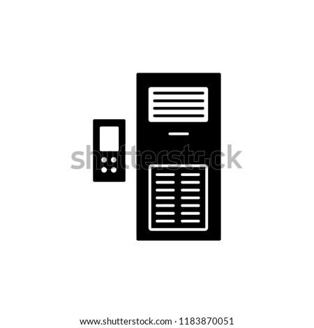 Vector illustration of column air conditioner with remote control panel. Flat icon of floor standing heat regulation appliance. Climate equipment for home & office. Isolated on white background.
