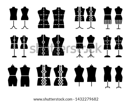 Male & female dressmaking mannequin. Signs of tailor dummy. Display bust, torso. Adjustable dress form. Flat icon set. Black & white vector illustration