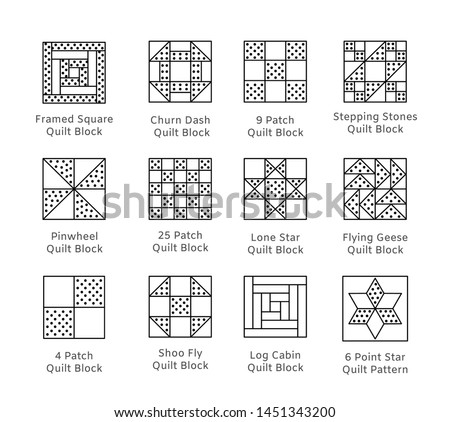 Quilt sewing pattern. Log cabin, pinwheel tiles. Quilting & patchwork blocks from fabric squares, triangles. Vector line icon set. Isolated objects on white background