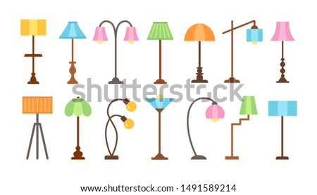 Modern floor lamps with led light bulbs. Standing lampshades. Accent light fixtures for home. Vector flat icon set. Isolated objects on white background