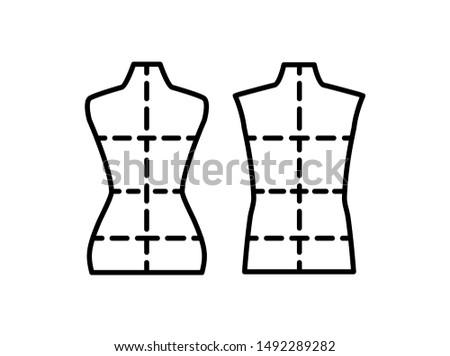 Male & female dressmaking mannequin with sewing markings. Sign of tailor dummy. Display body, torso. Professional dress form. Line icon. Black & white vector illustration
