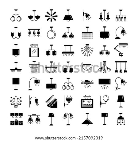 Different types of wall, ceiling, table and floor lamps. Interior and exterior lighting. Modern light fixtures. Chandeliers, torcheres, pendants. Flat icon set. Isolated objects on white background.