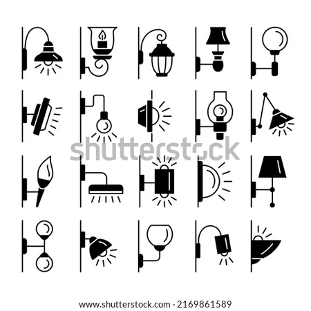 Sconces. Flat silhouette icon set. Different types of exterior and interior wall lights. Modern and antique wall lamps. Isolated objects on white background