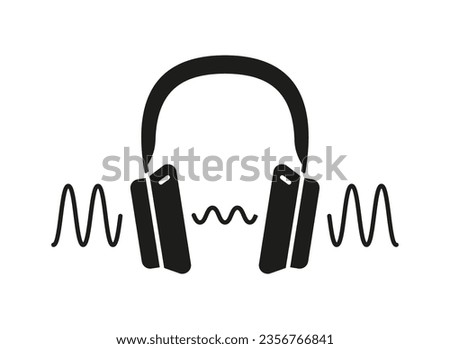 ANC headphones. Wireless bluetooth headset with active noise cancellation. Modern audio gadget. Hearing protection. Vector silhouette flat icon. Isolated object on white background