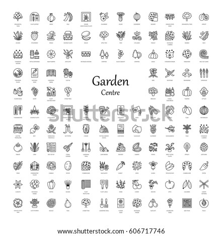 Vector line icons with vegetables, garden tools, trees, shrubs and house plants. Garden centre elements. Indoor and outdoor plants. Rose, seed, berry, grass, herb, lawn, rockery, conifer, fruit tree. 