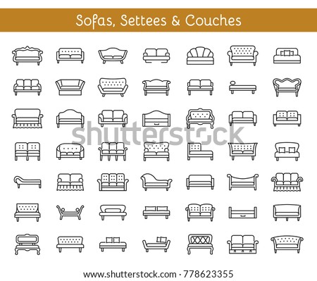 Sofas & Couches. Living room & patio furniture. Different kinds of classic and modern settees, loveseats. Benches & daybeds. Front view. Vector line icon collection. 