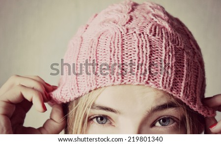 Winter soon or Knitted hat, Pink hat girl, Beautiful eyes