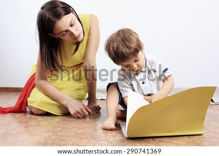 Creative child or mother and son, Small boy reading a book, Reading magazine, Mother and child, Child education, Education process, Clever kids, Be smart