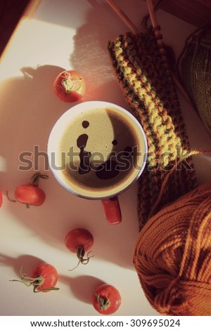 Cozy background or Cozy fall, Fall background, Coffee background, a Cup of coffee, Coffee cup, Good day, Happy life, Knitting, Knit texture, Autumn background, Cozy, Be happy, Lifestyle, Sunny day