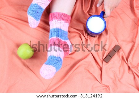 Sweet home or Cozy home background, Knitted socks, Knitted background, Healthy lifestyle, Drinking milk, Milk and chocolate, Sweet November, Bed and breakfast, At home on laptop