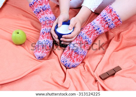 Sweet home or Cozy home background, Knitted socks, Knitted background, Healthy lifestyle, Drinking milk, Milk and chocolate, Sweet November, Bed and breakfast, At home on laptop, Cozy background