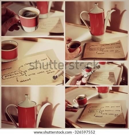 Coffee background or Coffee break, Good morning, Good day, Notes, New day, Coffee pause, Productivity