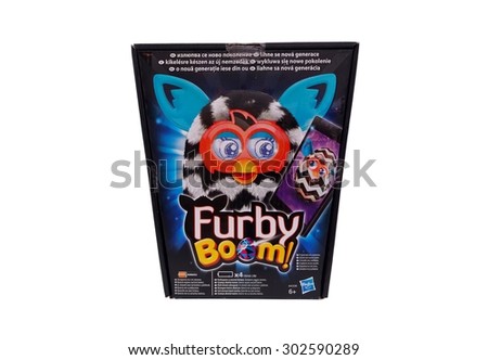 BUCHAREST, ROMANIA - JULY 31, 2015: Furby Boom (Zigzag Stripes) toy by Hasbro company. Hasbro, Inc. (formerly Hassenfeld Brothers) is one of the largest toy makers in the world.