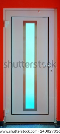 Close up of a modern plastic door with window, stitched and Hdr