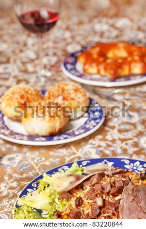 Uzbek national dish - plov with horse meat