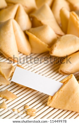 fortune cookies - one cookie open with blank fortune for your text. Entire text area in focus.