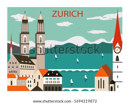 Zurich city Europe. Travel poster. Vector illustration