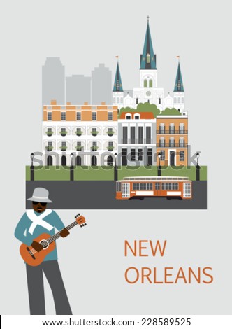 Man with guitar in New Orleans. Vector