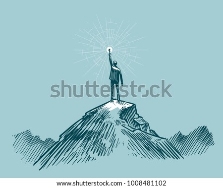 Businessman, traveler or man standing on peak mountain. Sketch vector illustration