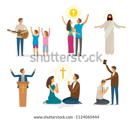 Worship, prayer, faith icon set. Religion concept. Vector illustration