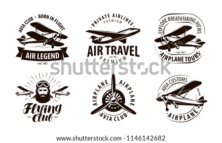 aircraft, airplane logo or label. flying club, airlines icon set. typographic design vector illustration