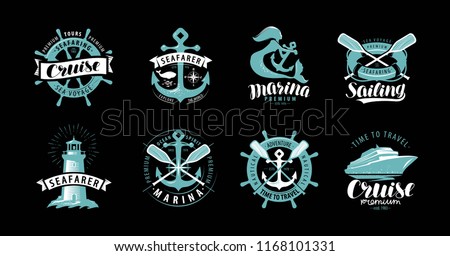 Nautical theme, set of logos or labels. Marine concept, vector