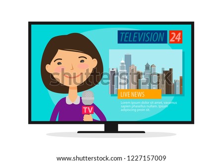 Live news. Young woman, newscaster with microphone in hand. TV, television concept. Cartoon vector illustration