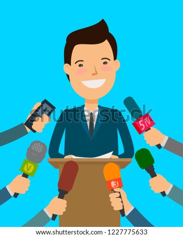 Press Conference. Public speaker, interview with journalists. Cartoon vector illustration Stock fotó © 