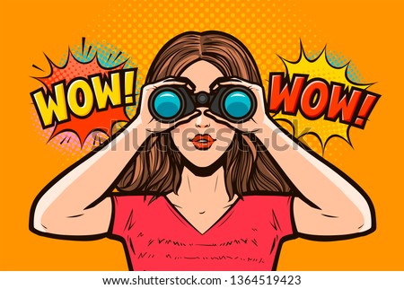 Beautiful girl in amazement looks through binoculars. Vector illustration