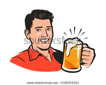 Happy man with a beer. Cartoon vector illustration