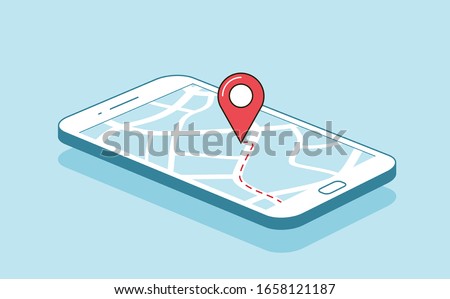 GPS navigation or route with check-in symbol on screen of mobile phone. Vector