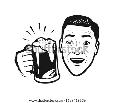 Happy man with beer in his hand. Retro comic pop art vector illustration