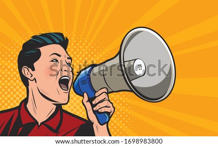 Businessman shouting loudly into loudspeaker. Retro comic pop art vector illustration