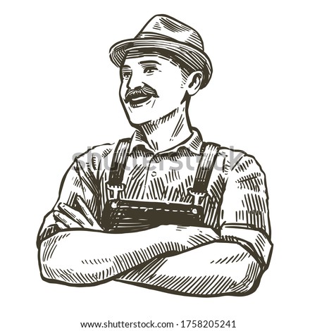 Hand-drawn sketch happy farmer. Farming, agriculture vintage vector illustration