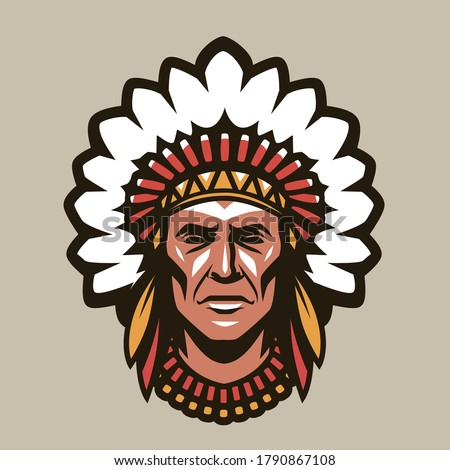 Indian chief in headdress of feathers. Warrior symbol or mascot