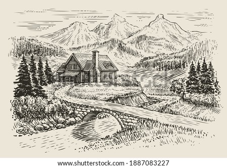 Wooden cabin in pine forest. Mountain landscape, rest at nature sketch