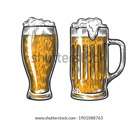 Beer in glass mug with foam. Hand drawn vector illustration