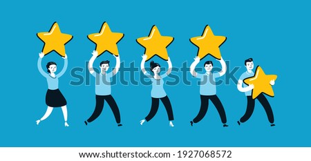 Group of people giving a five star rating. Feedback concept vector illustration flat style